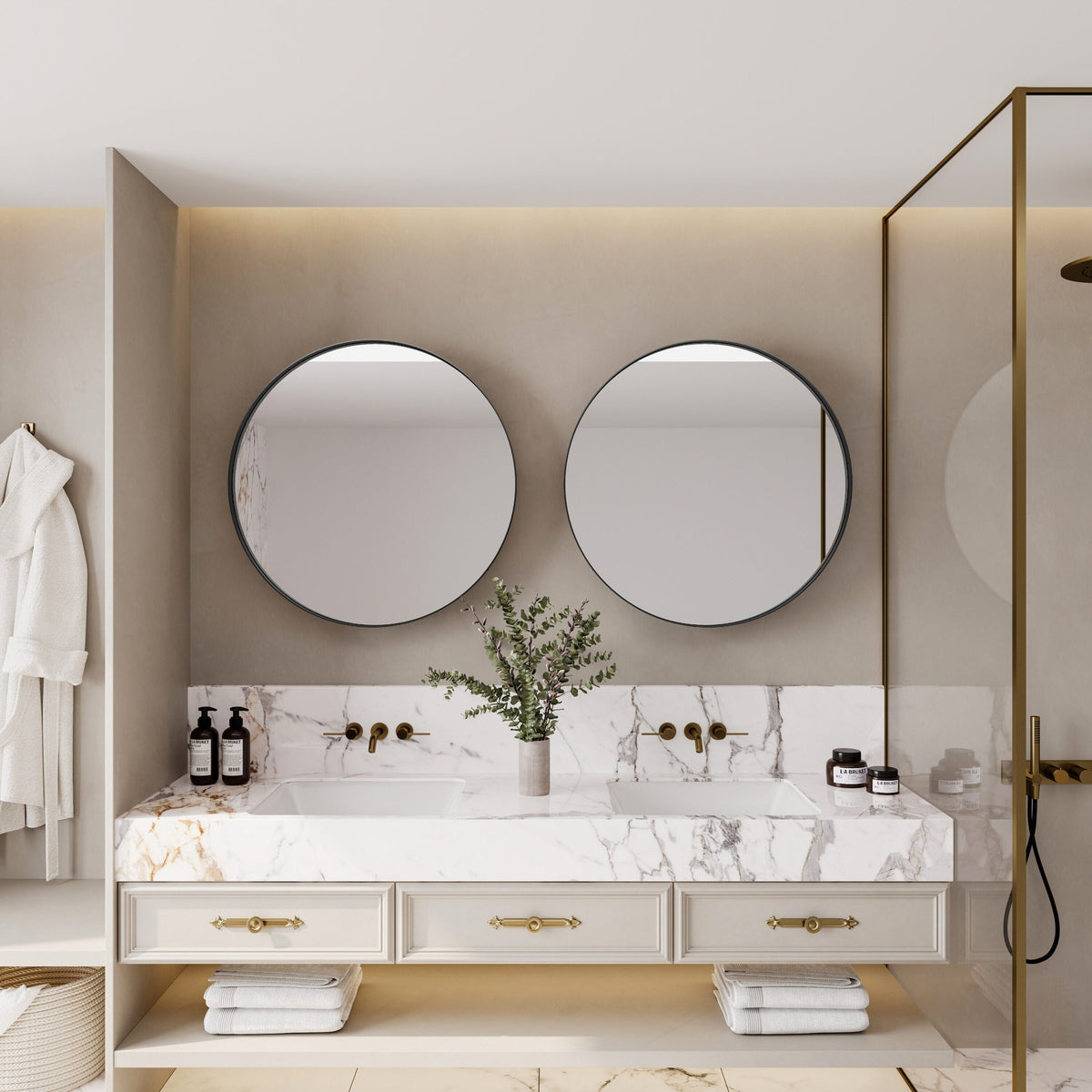 WELLFOR FS 31.5-in x 31.5-in Recessed Mount Black Mirrored Round Soft Close Medicine Cabinet