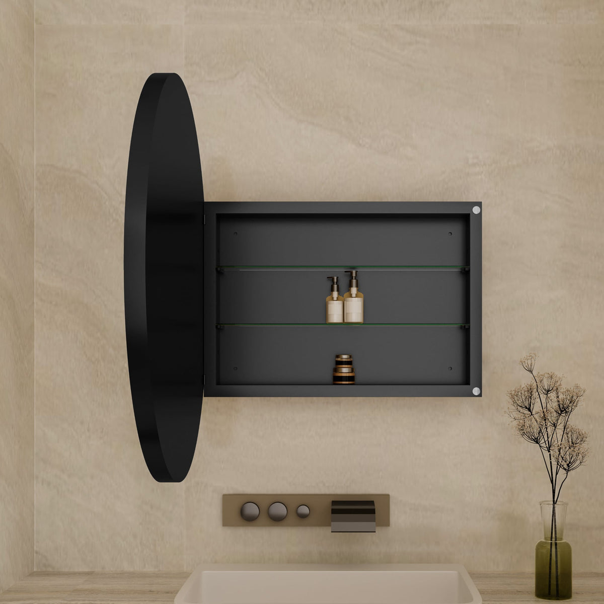 WELLFOR 31.5-in x 31.5-in Recessed Mount Matte Black Mirrored Round Medicine Cabinet