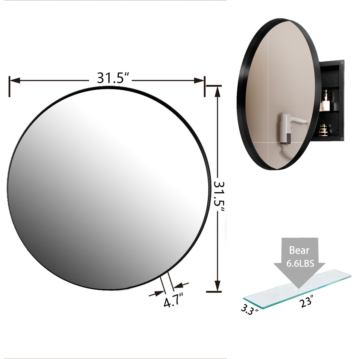 WELLFOR FS 31.5-in x 31.5-in Recessed Mount Black Mirrored Round Soft Close Medicine Cabinet