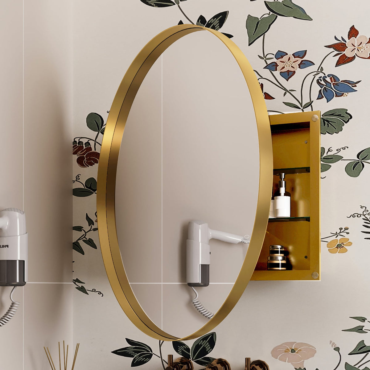 WELLFOR FS 31.5-in x 31.5-in Recessed Mount Gold Mirrored Round Soft Close Medicine Cabinet