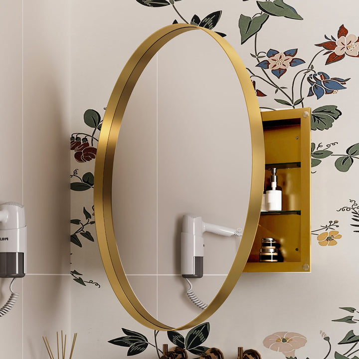 WELLFOR FS 31.5-in x 31.5-in Recessed Mount Gold Mirrored Round Soft Close Medicine Cabinet