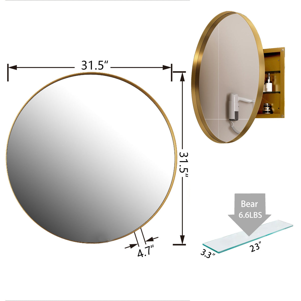 WELLFOR 31.5-in x 31.5-in Recessed Mount Gold Mirrored Round Medicine Cabinet