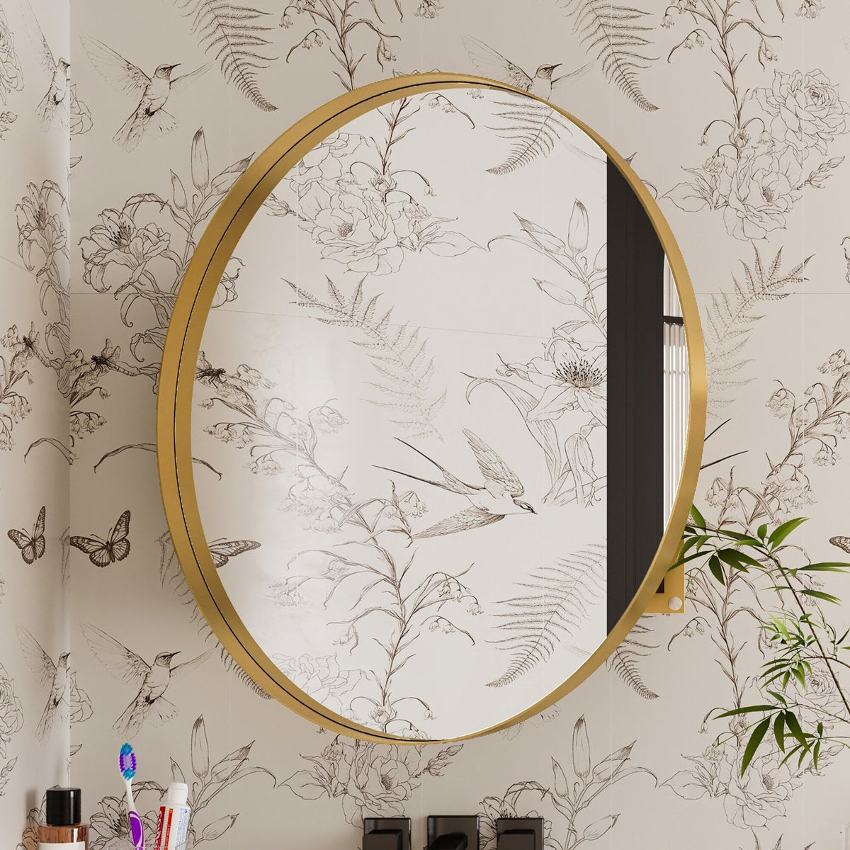 WELLFOR FS 31.5-in x 31.5-in Recessed Mount Gold Mirrored Round Soft Close Medicine Cabinet