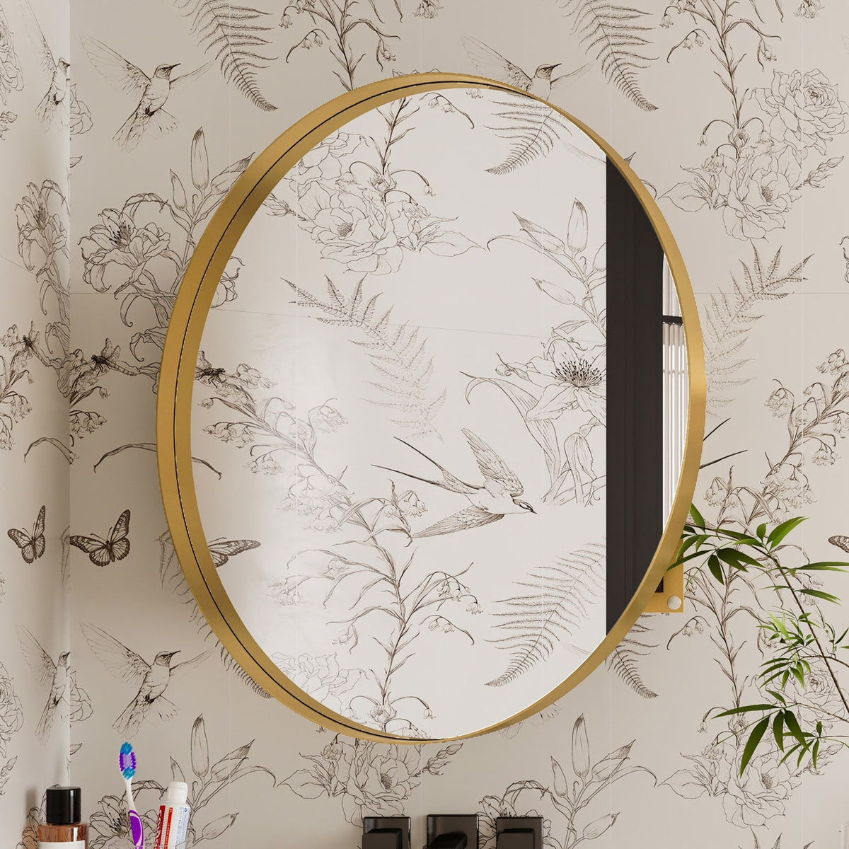 WELLFOR 31.5-in x 31.5-in Recessed Mount Gold Mirrored Round Medicine Cabinet