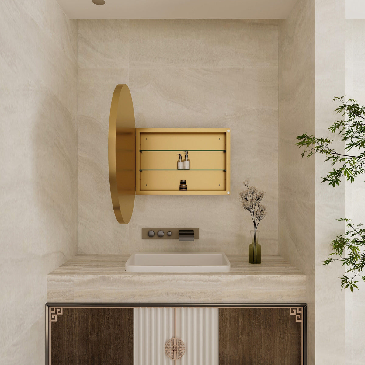 WELLFOR FS 31.5-in x 31.5-in Recessed Mount Gold Mirrored Round Soft Close Medicine Cabinet