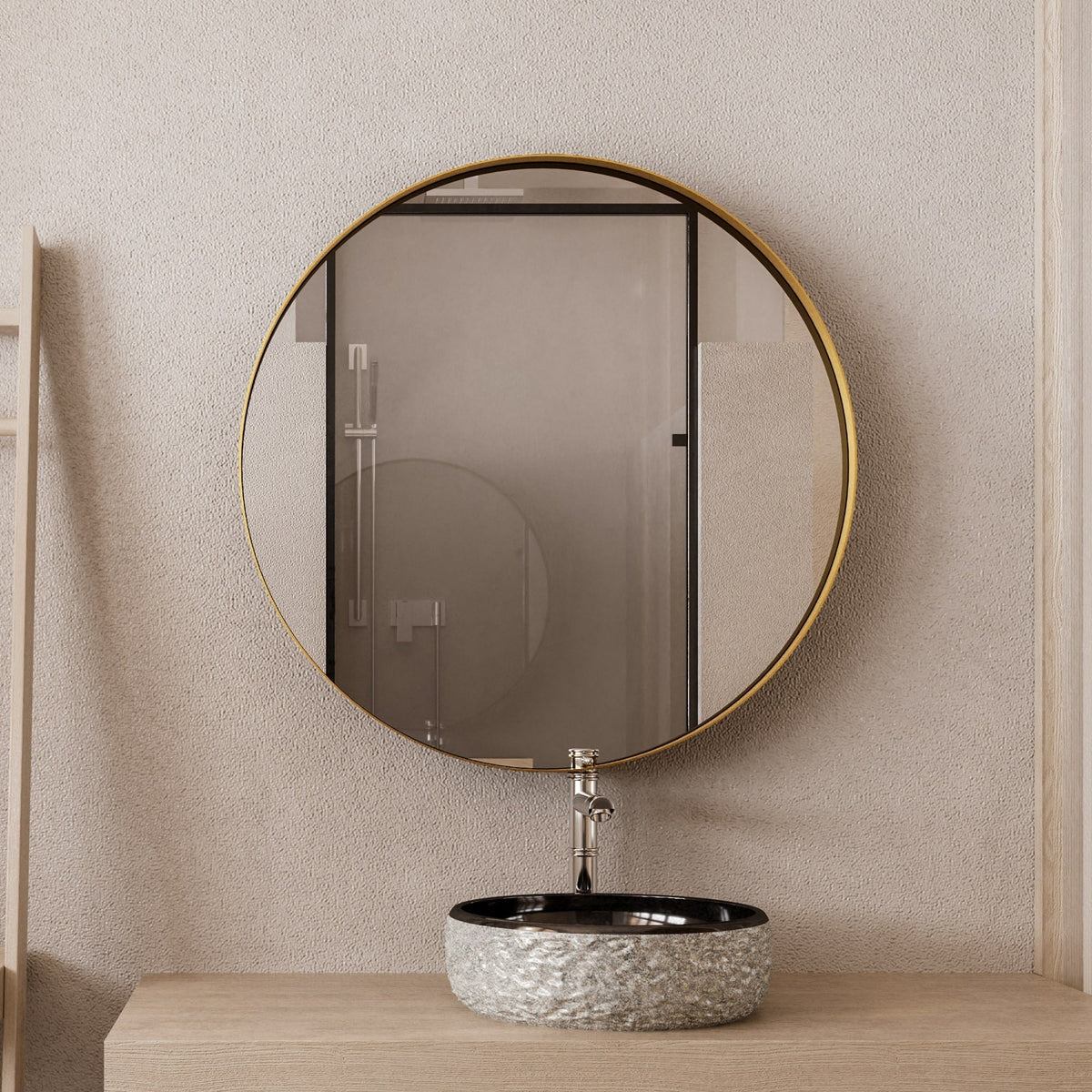 WELLFOR 31.5-in x 31.5-in Recessed Mount Gold Mirrored Round Medicine Cabinet