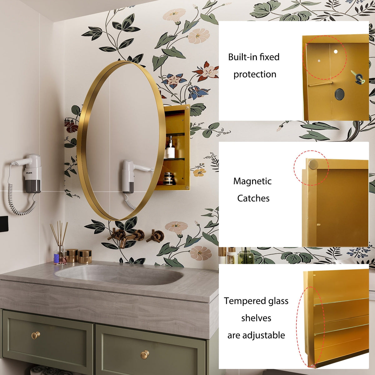 WELLFOR 31.5-in x 31.5-in Recessed Mount Gold Mirrored Round Medicine Cabinet
