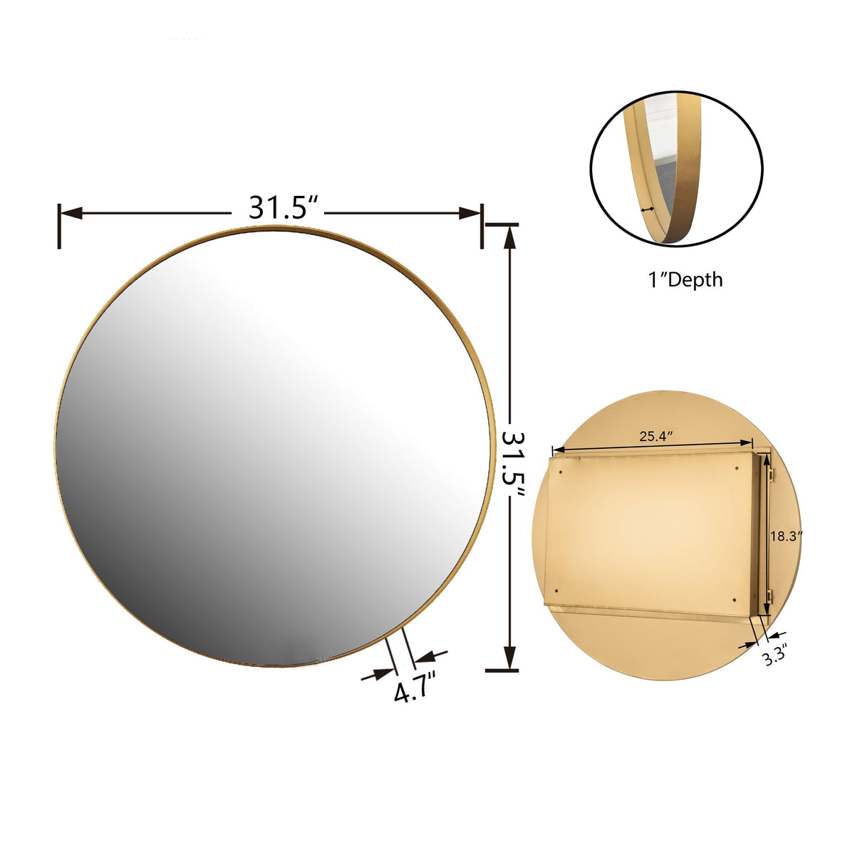 WELLFOR 31.5-in x 31.5-in Recessed Mount Gold Mirrored Round Medicine Cabinet