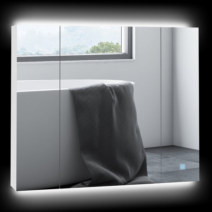 WELLFOR 35.5-in x 29.5-in Lighted LED Surface Mount White Mirrored Soft Close Medicine Cabinet with Outlet