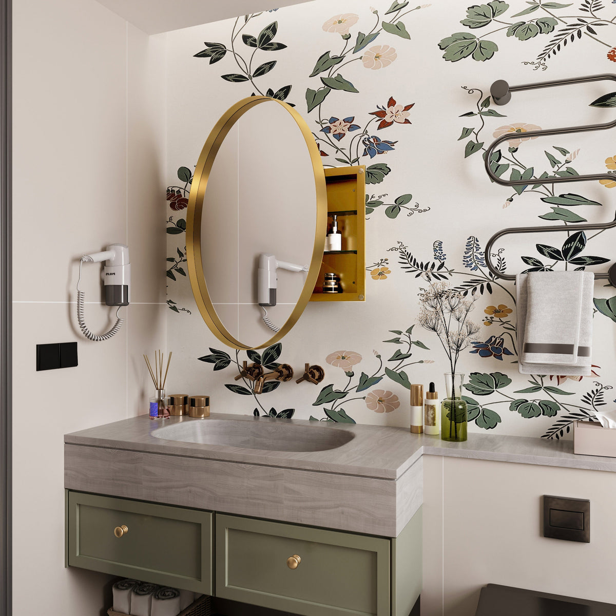 WELLFOR FS 31.5-in x 31.5-in Recessed Mount Gold Mirrored Round Soft Close Medicine Cabinet