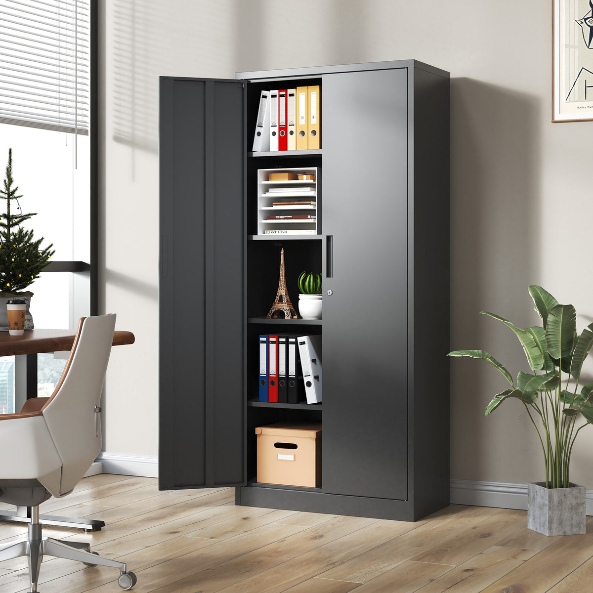 Siavonce Black 5-Shelf Office Cabinet