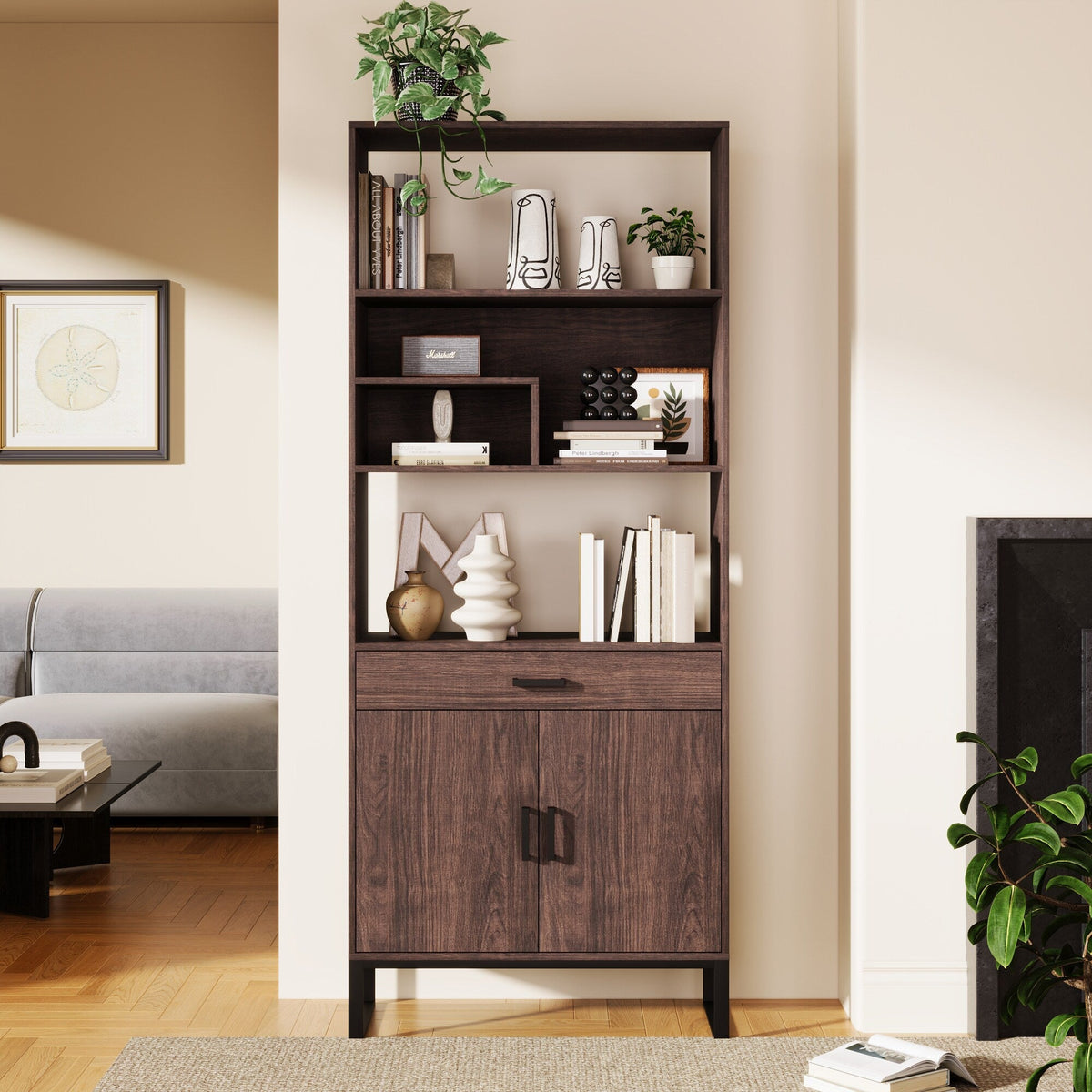 Siavonce Walnut 5-Shelf Office Cabinet