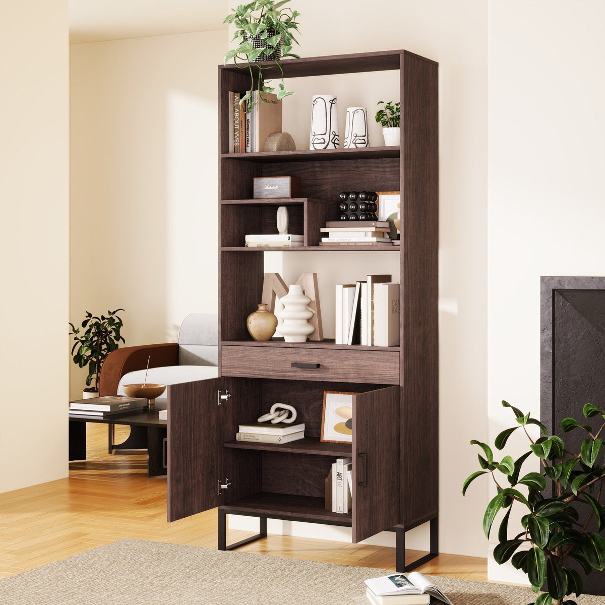 Siavonce Walnut 5-Shelf Office Cabinet