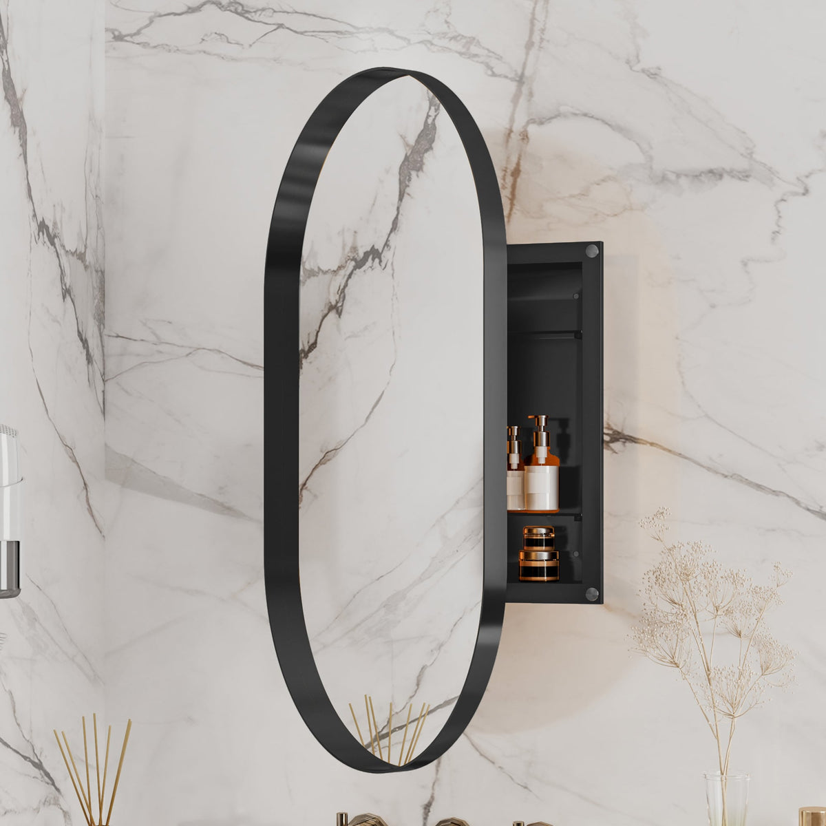 WELLFOR FS 20-in x 34-in Recessed Mount Gold Mirrored Oval Medicine Cabinet