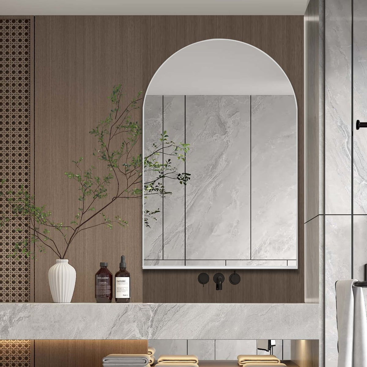 WELLFOR FS 24-in x 36-in Recessed Mount White Mirrored Arched Soft Close Medicine Cabinet