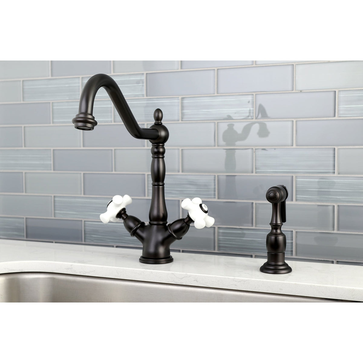 Elements of Design Oil-Rubbed Bronze 2-Handle Deck-Mount Bridge Kitchen Faucet with Side Sprayer