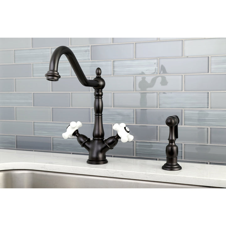 Elements of Design Oil-Rubbed Bronze 2-Handle Deck-Mount Bridge Kitchen Faucet with Side Sprayer