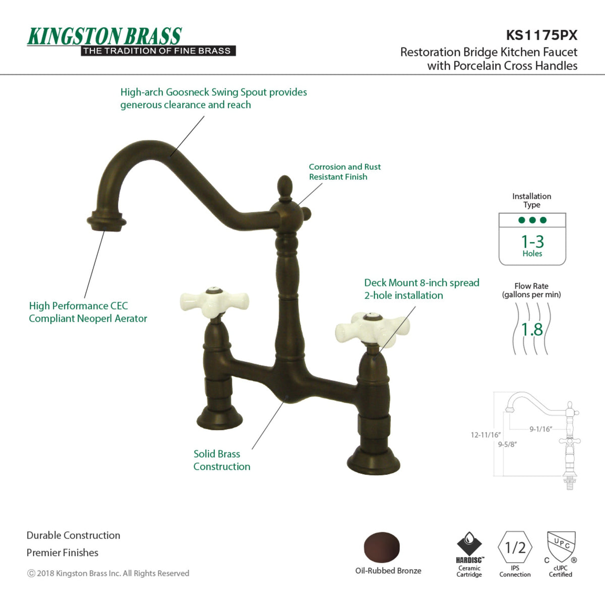 Elements of Design Oil-Rubbed Bronze 2-Handle Deck-Mount Bridge Kitchen Faucet with Porcelain Cross Handles