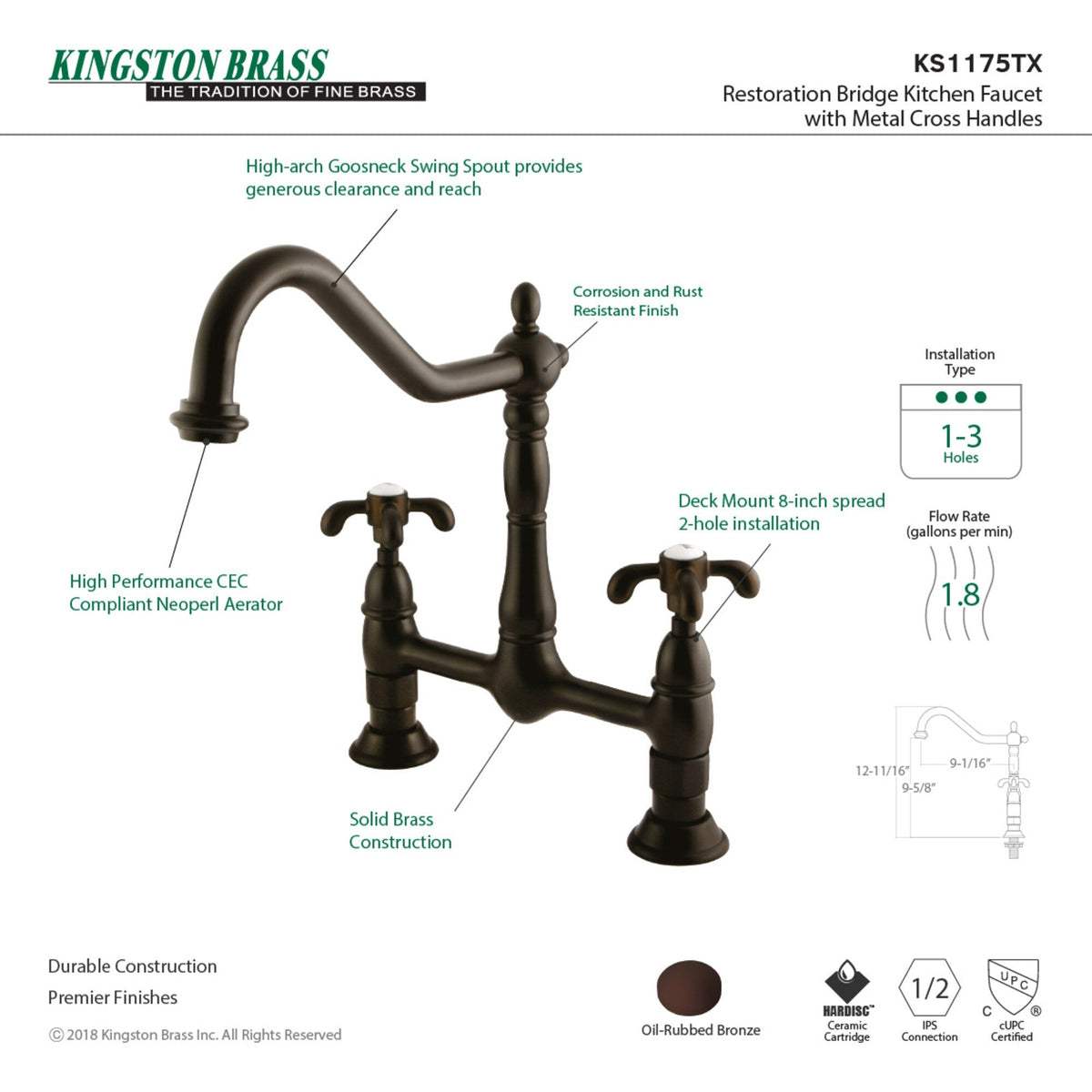 Elements of Design French Country Oil-Rubbed Bronze 2-Handle Deck-Mount Bridge Kitchen Faucet, 1.8 GPM
