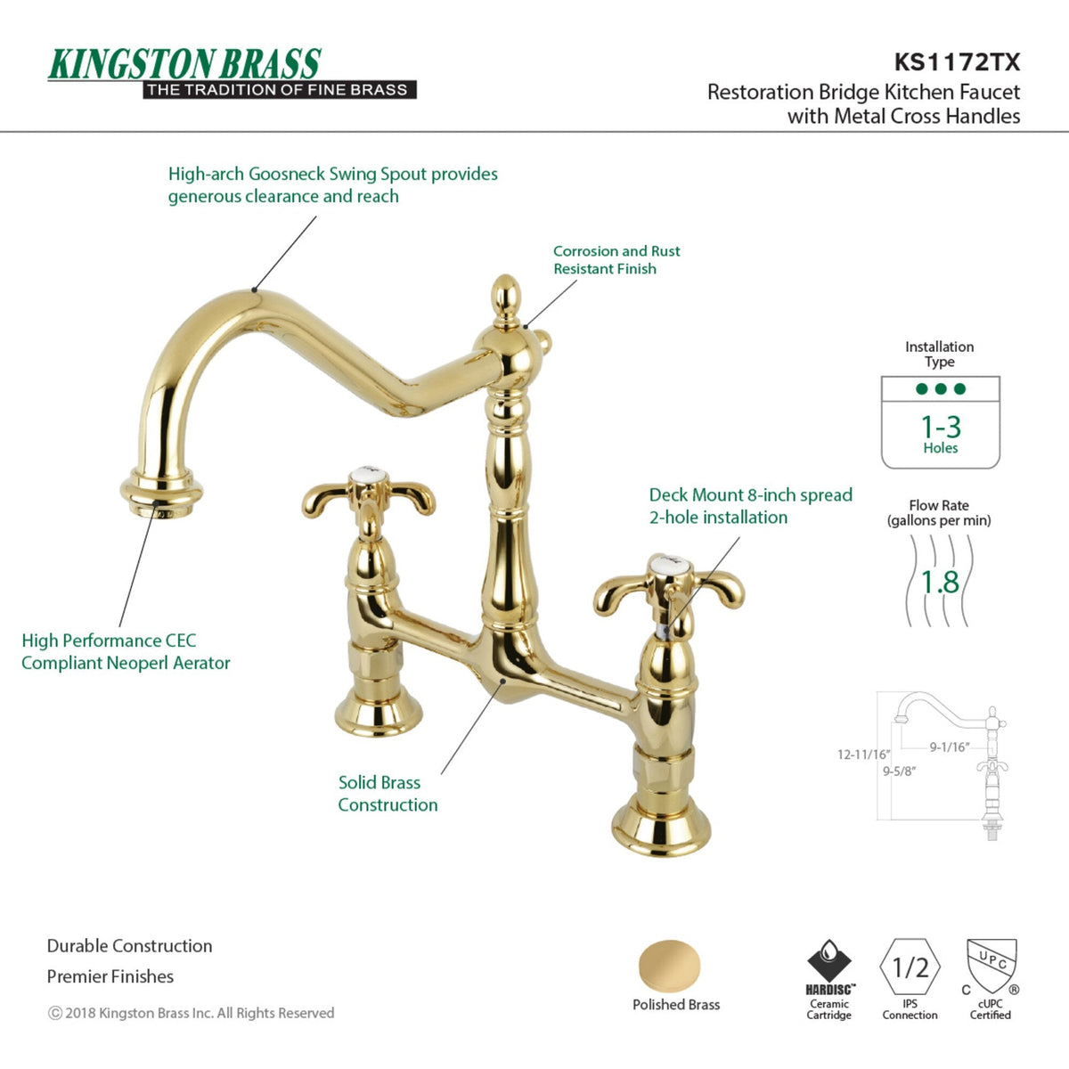 Elements of Design French Country Polished Brass 2-Handle Deck-Mount Bridge Kitchen Faucet
