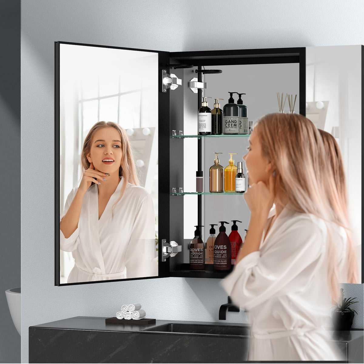 WELLFOR BG 30-in x 30-in Lighted LED Fog Free Surface Mount Black Mirrored Soft Close Medicine Cabinet