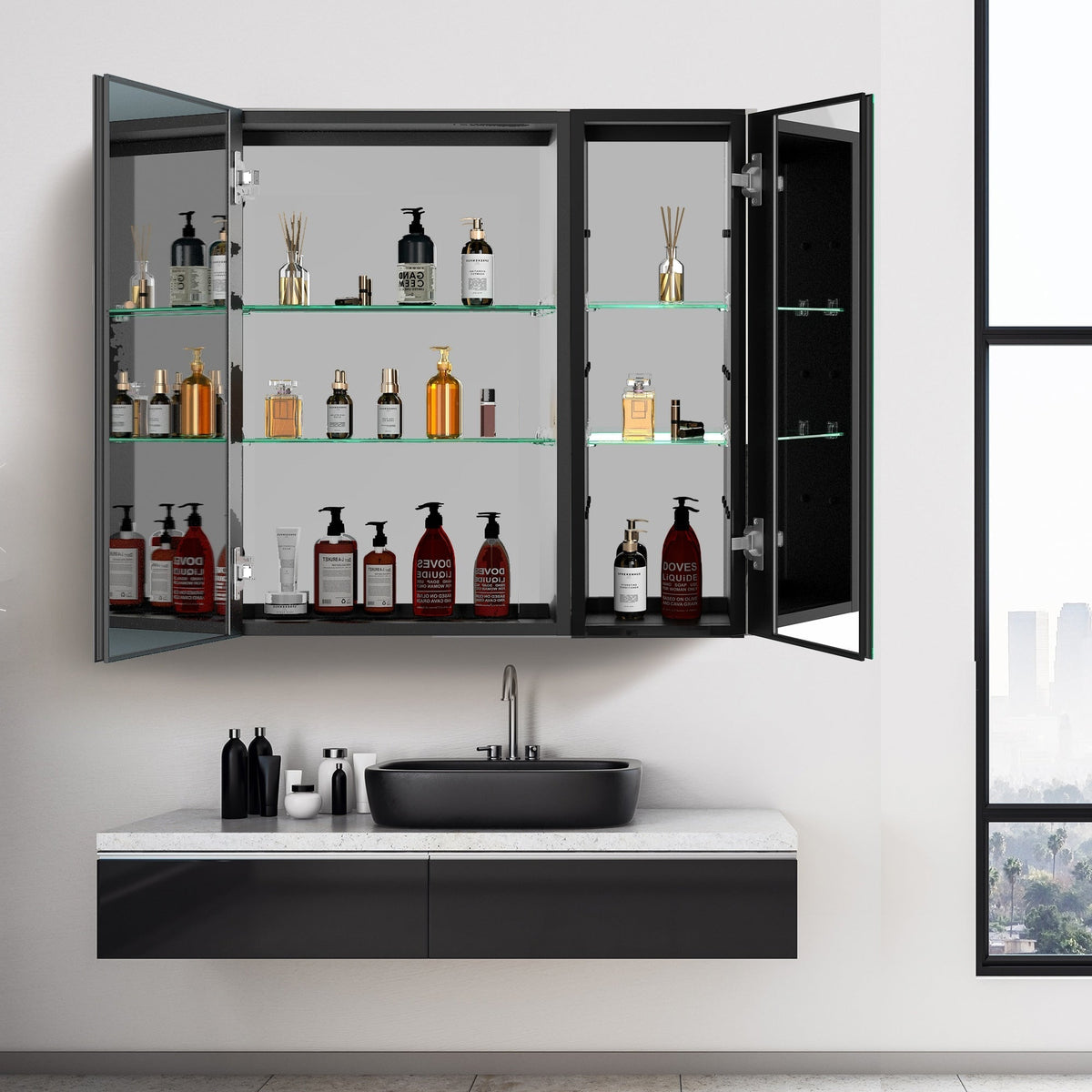 WELLFOR BG 30-in x 30-in Lighted LED Fog Free Surface Mount Black Mirrored Soft Close Medicine Cabinet