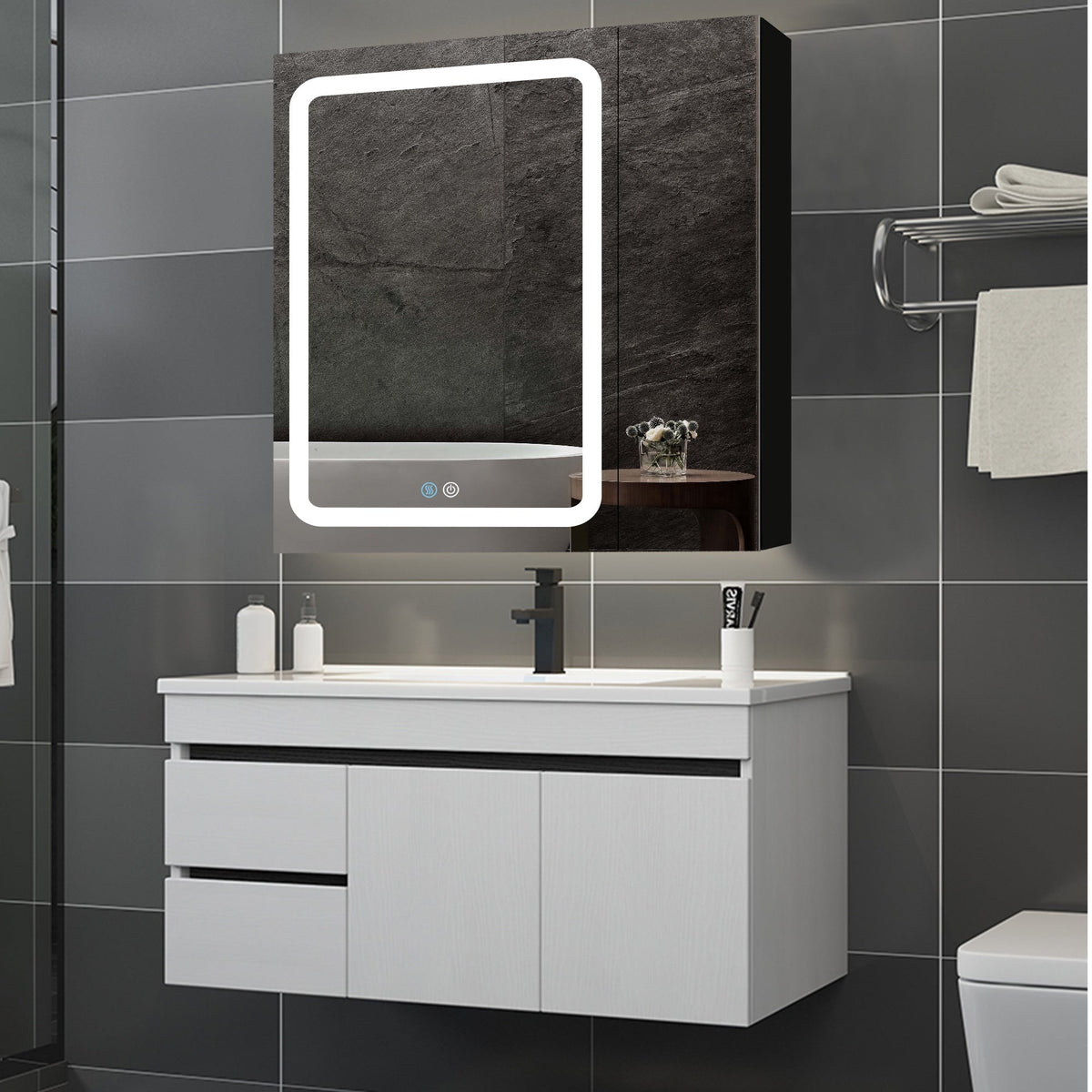 WELLFOR BG 30-in x 30-in Lighted LED Fog Free Surface Mount Black Mirrored Soft Close Medicine Cabinet