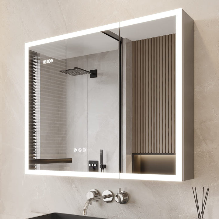 WELLFOR 36-in x 30-in Lighted LED Fog Free Surface Mount Silver Mirrored Soft Close Medicine Cabinet with Outlet