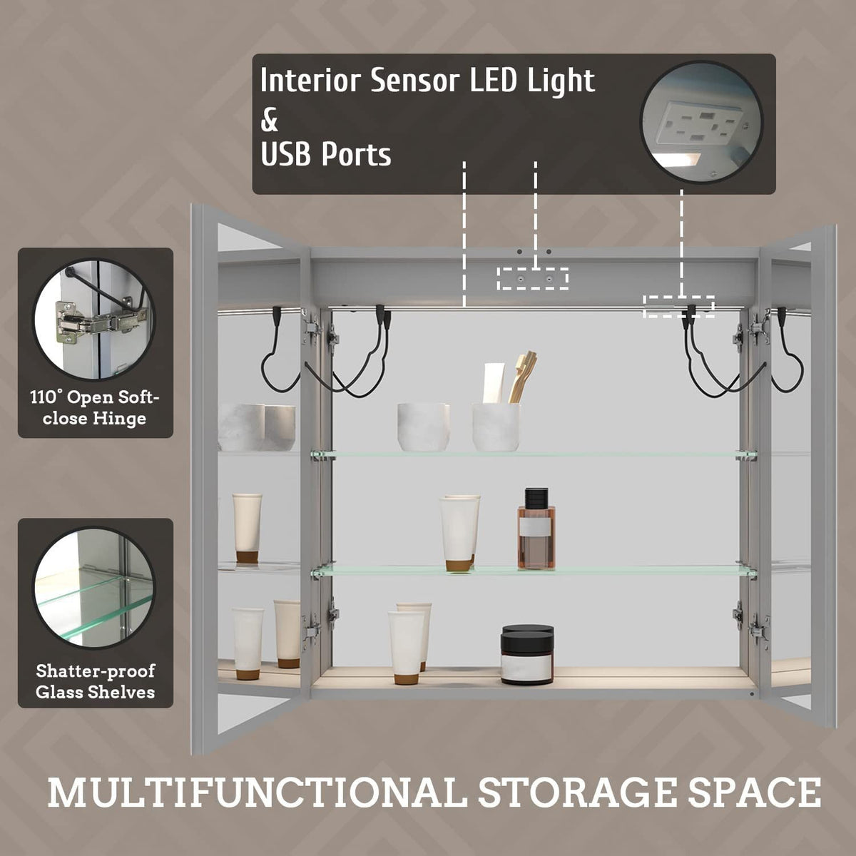 WELLFOR 36-in x 30-in Lighted LED Fog Free Surface Mount Silver Mirrored Soft Close Medicine Cabinet with Outlet