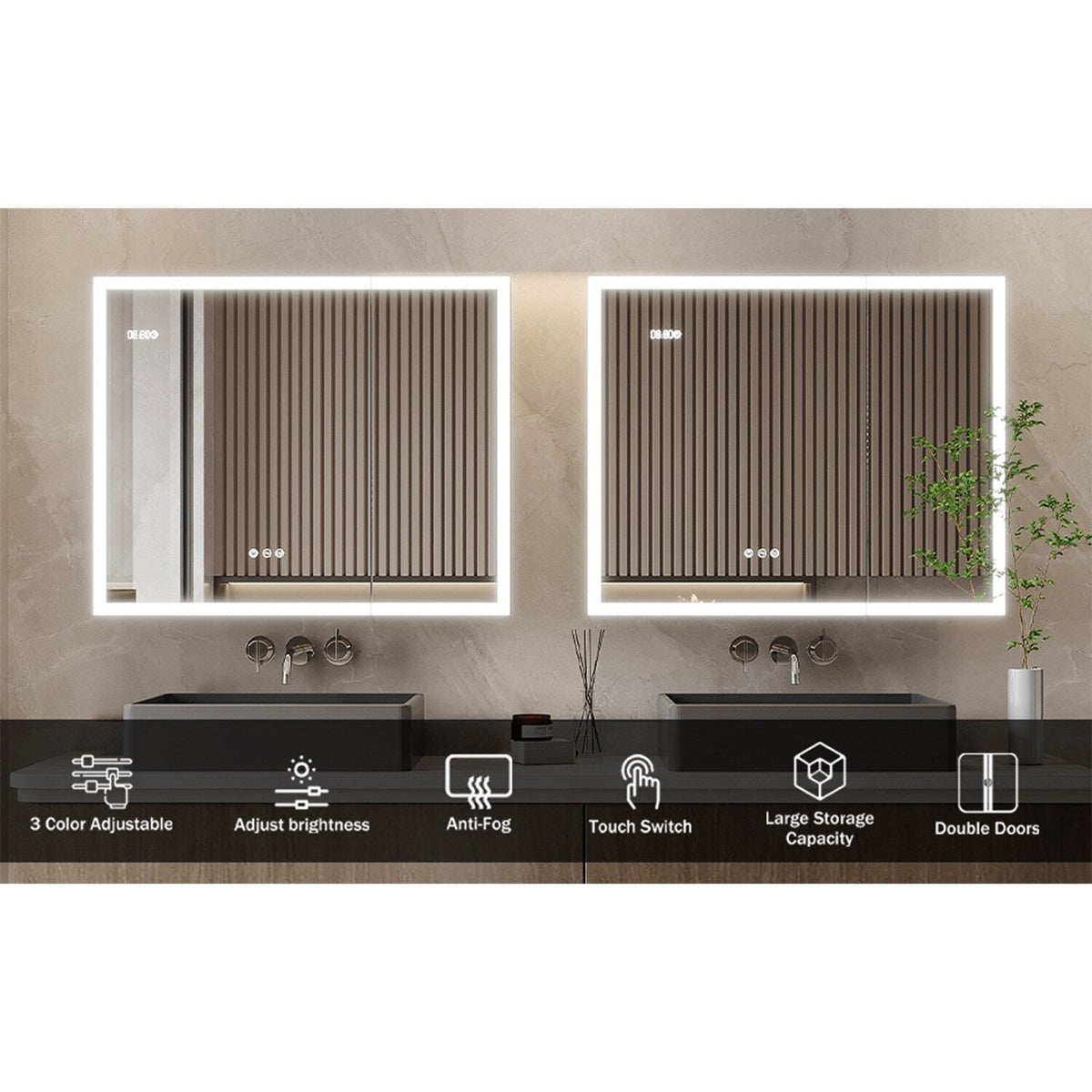 WELLFOR 36-in x 30-in Lighted LED Fog Free Surface Mount Silver Mirrored Soft Close Medicine Cabinet with Outlet