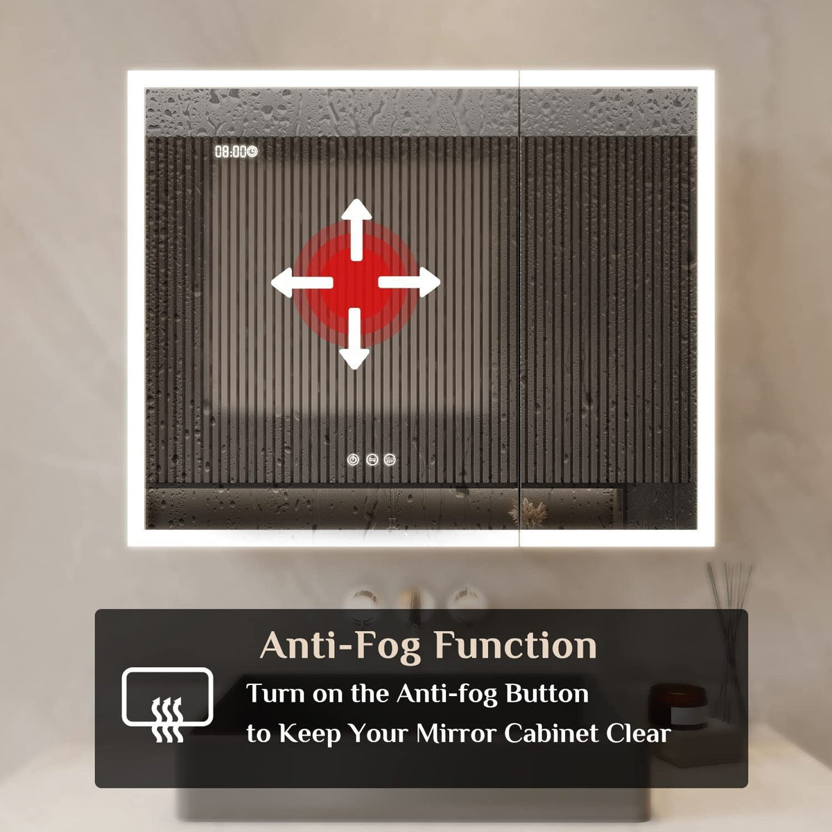 WELLFOR 36-in x 30-in Lighted LED Fog Free Surface Mount Silver Mirrored Soft Close Medicine Cabinet with Outlet