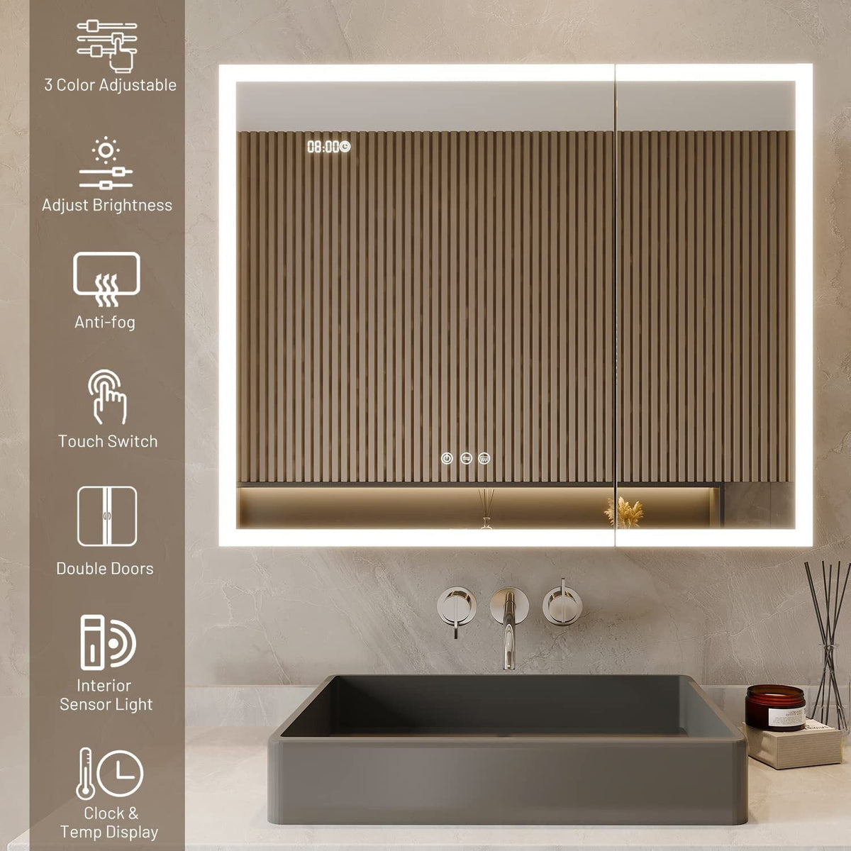 WELLFOR 36-in x 30-in Lighted LED Fog Free Surface Mount Silver Mirrored Soft Close Medicine Cabinet with Outlet