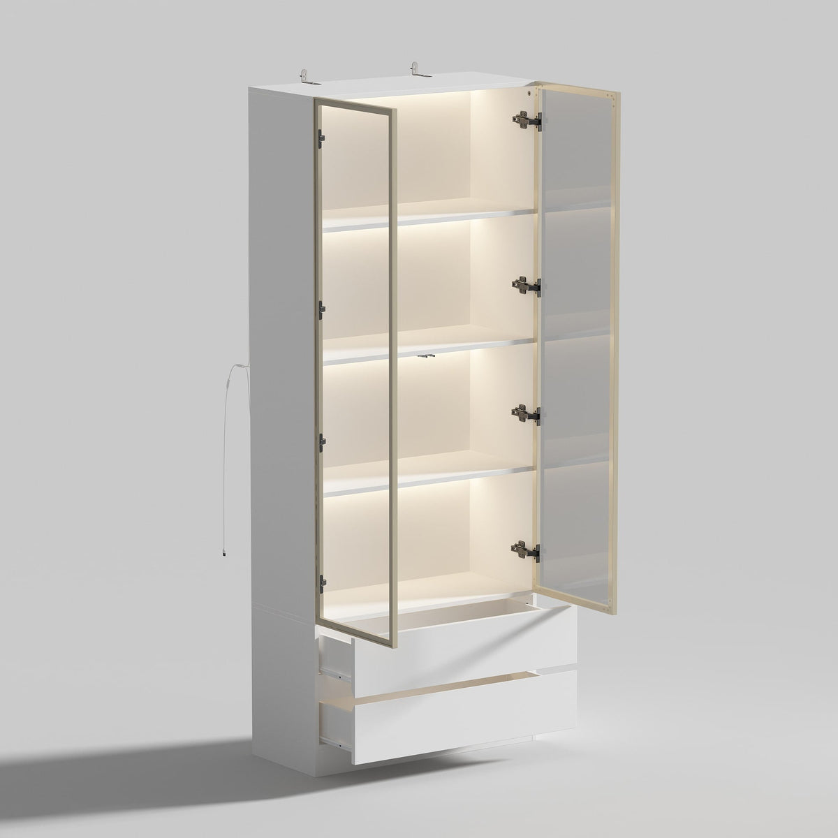 FUFU&GAGA 2 Drawers Glass Display Cabinet with Lights and Pop-up Doors
