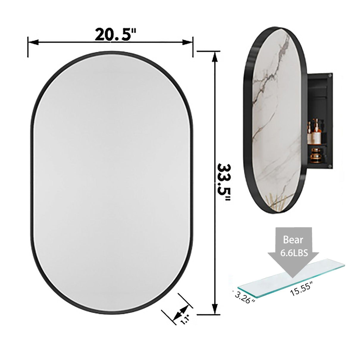 WELLFOR 20.5-in x 33.5-in Surface/Recessed Mount Black Mirrored Oval Soft Close Medicine Cabinet