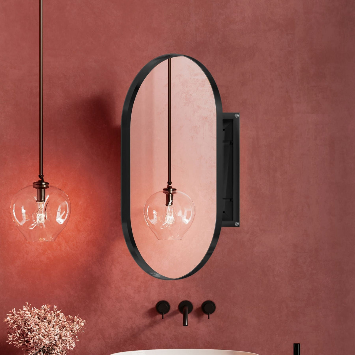 WELLFOR 20.5-in x 33.5-in Surface/Recessed Mount Black Mirrored Oval Soft Close Medicine Cabinet