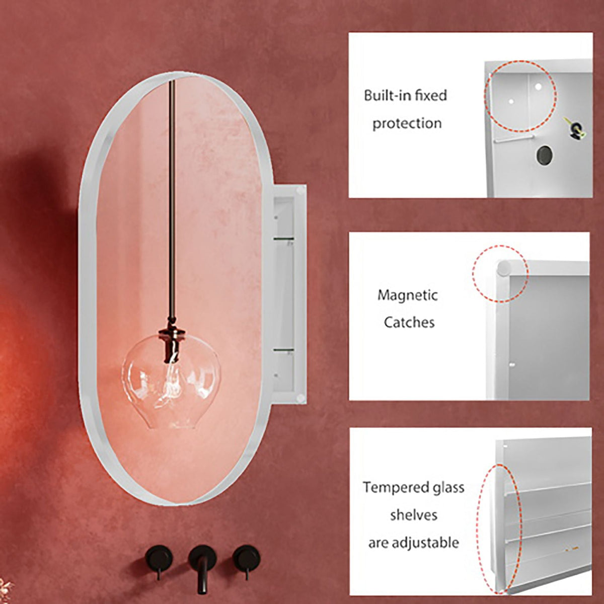 WELLFOR 20.5-in x 33.5-in Surface/Recessed Mount White Mirrored Oval Soft Close Medicine Cabinet