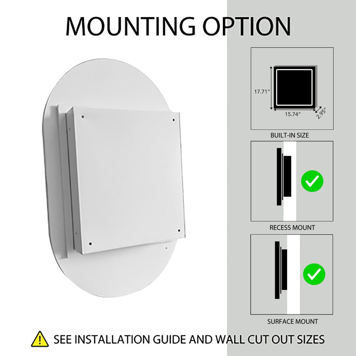 WELLFOR 20.5-in x 33.5-in Surface/Recessed Mount White Mirrored Oval Soft Close Medicine Cabinet