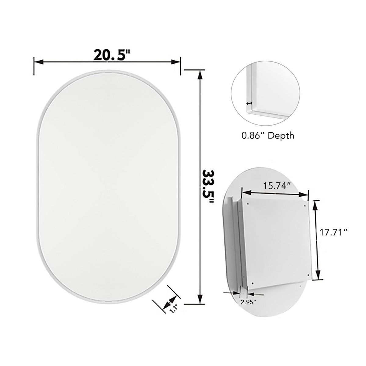 WELLFOR 20.5-in x 33.5-in Surface/Recessed Mount White Mirrored Oval Soft Close Medicine Cabinet