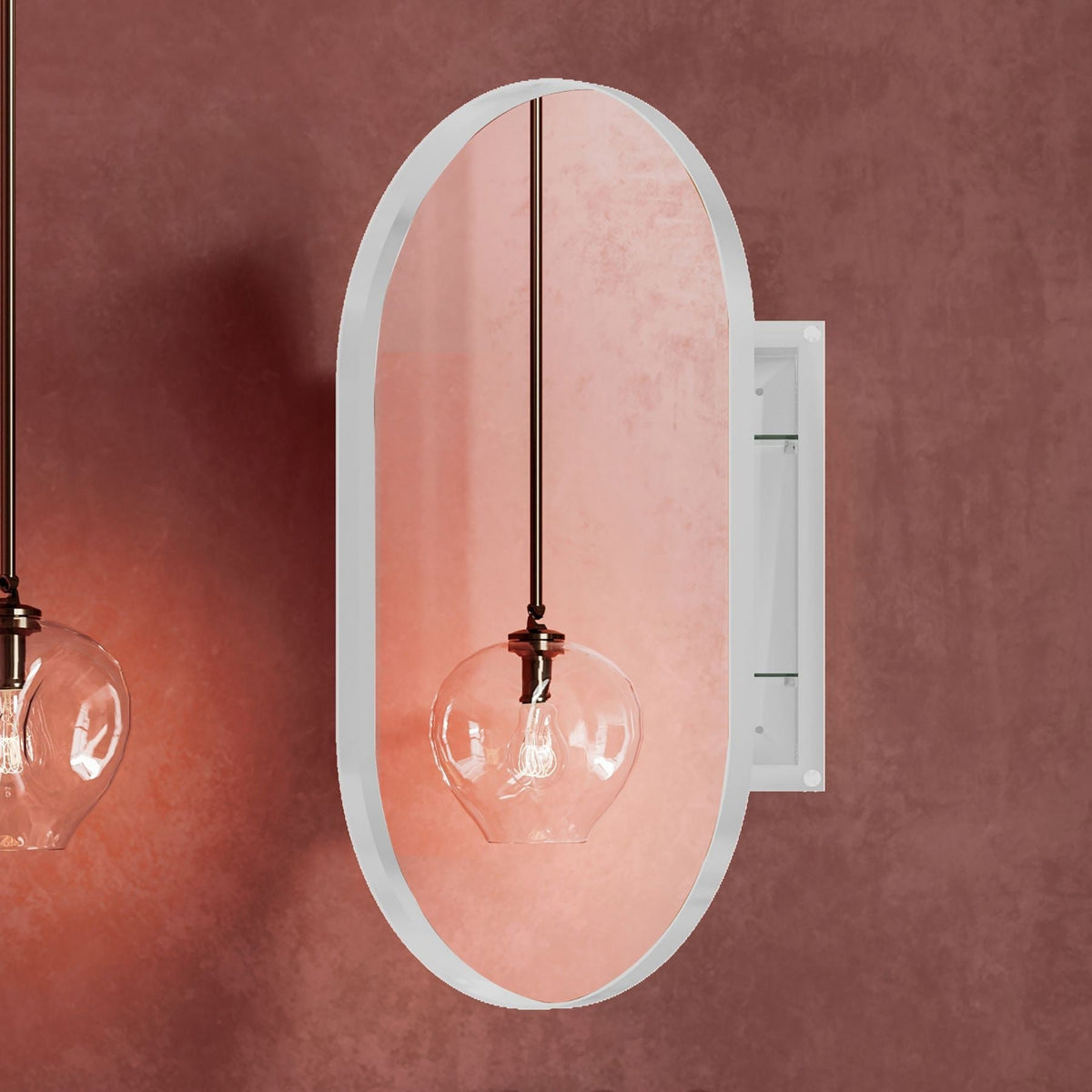 WELLFOR 20.5-in x 33.5-in Surface/Recessed Mount White Mirrored Oval Soft Close Medicine Cabinet