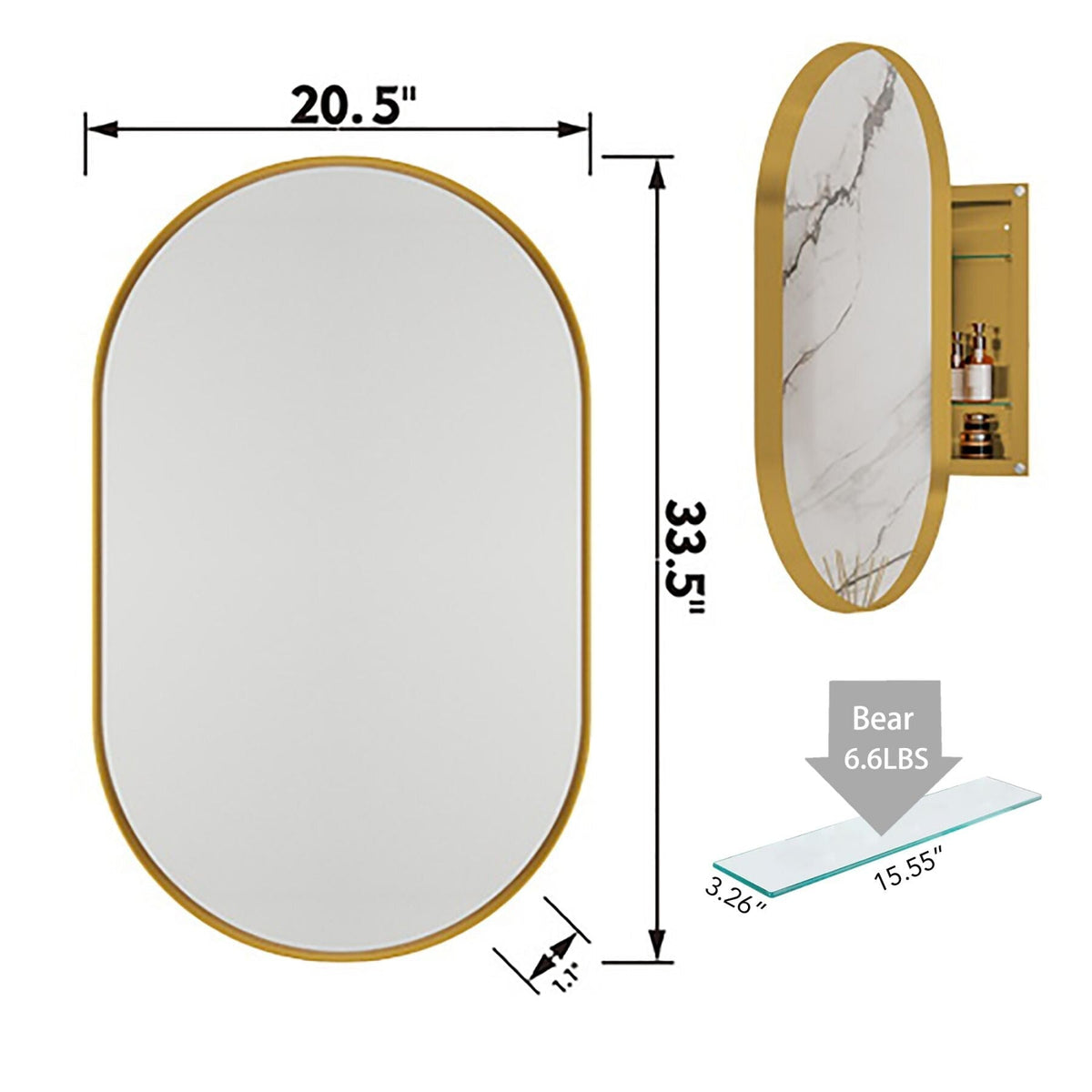 WELLFOR 20.5-in x 33.5-in Surface/Recessed Mount Gold Mirrored Oval Soft Close Medicine Cabinet
