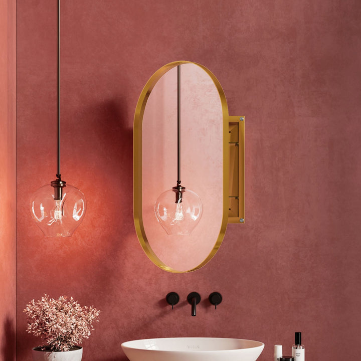WELLFOR 20.5-in x 33.5-in Surface/Recessed Mount Gold Mirrored Oval Soft Close Medicine Cabinet