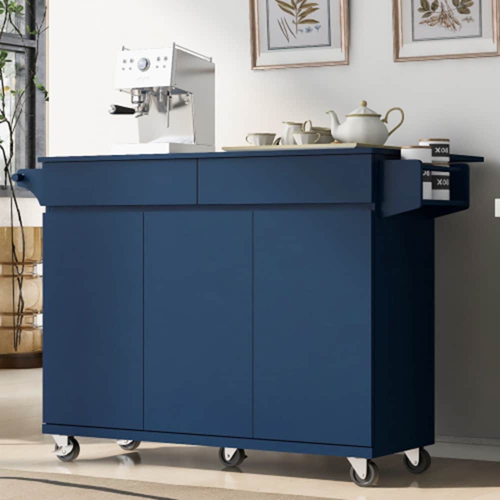 Runesay Blue Mdf Base with Mdf Wood Top Rolling Kitchen Island (27.56-in x 53.15-in x 36.33-in)