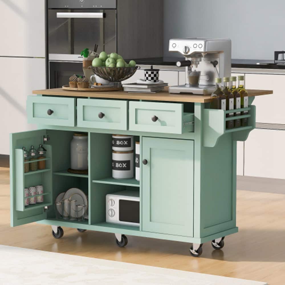 Runesay Green Mdf Base with Mdf Wood Top Rolling Kitchen Island (29.5-in x 53.1-in x 37.2-in)