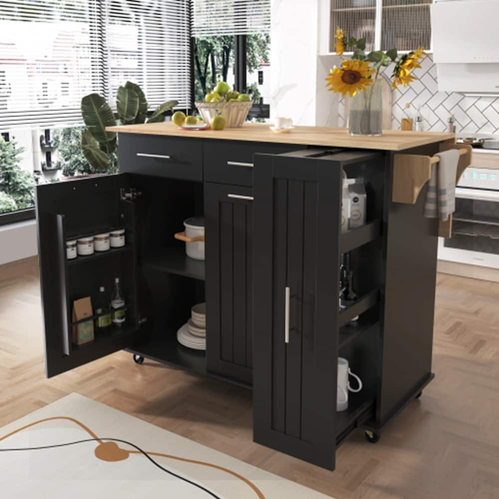 Runesay Black Mdf Base with Mdf Wood Top Rolling Kitchen Island (29.5-in x 46-in x 37-in)