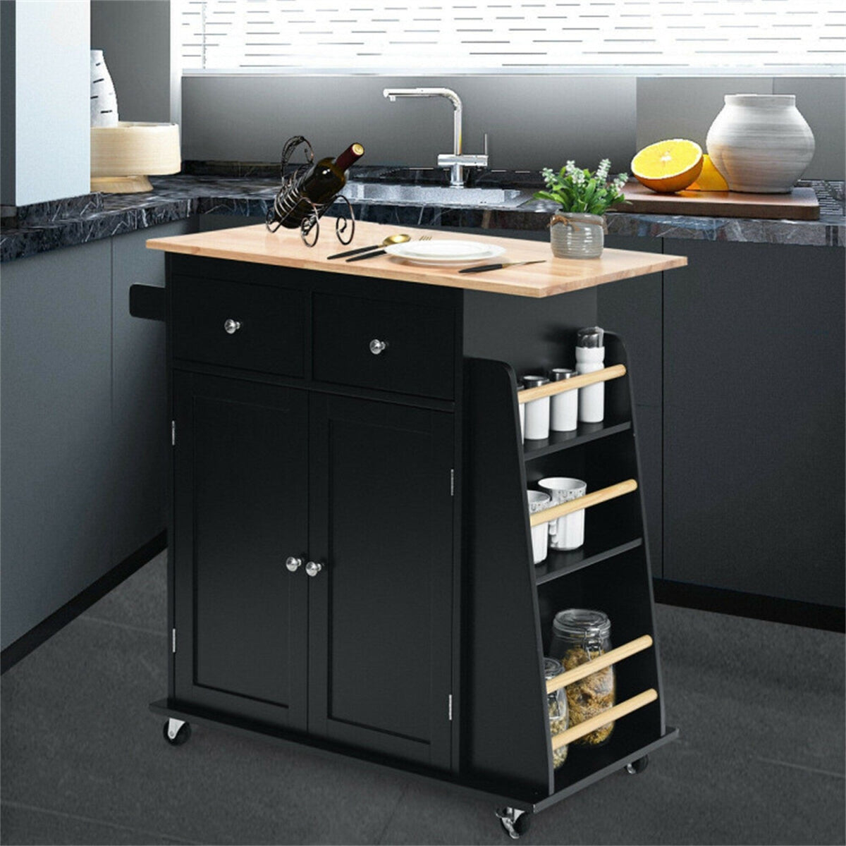 BABOOM Black Mdf Base with Wood Top Rolling Kitchen Island (18-in x 34.5-in x 35.5-in)