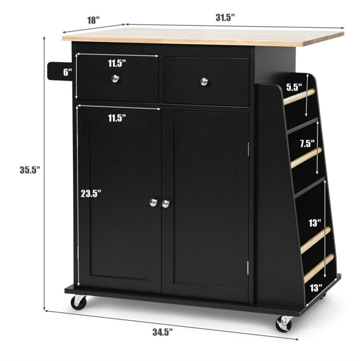 BABOOM Black Mdf Base with Wood Top Rolling Kitchen Island (18-in x 34.5-in x 35.5-in)