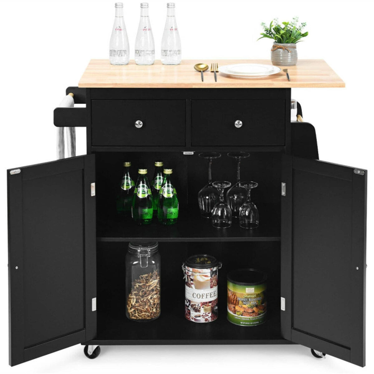BABOOM Black Mdf Base with Wood Top Rolling Kitchen Island (18-in x 34.5-in x 35.5-in)