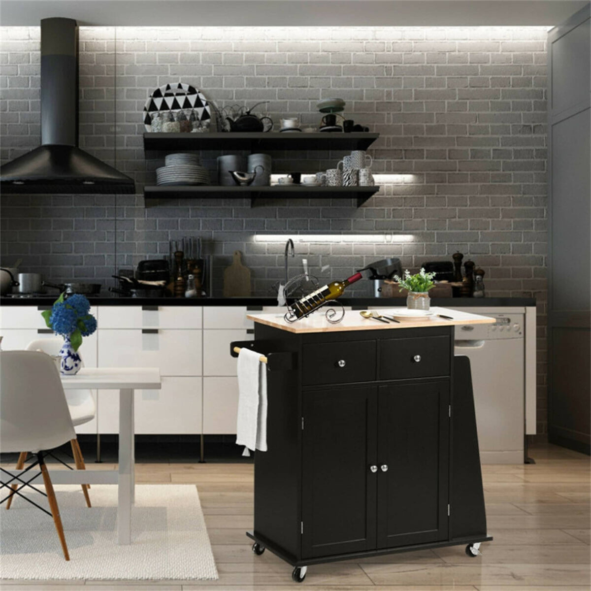 BABOOM Black Mdf Base with Wood Top Rolling Kitchen Island (18-in x 34.5-in x 35.5-in)