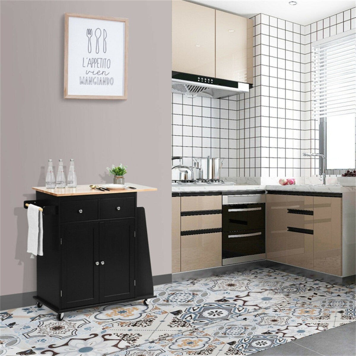 BABOOM Black Mdf Base with Wood Top Rolling Kitchen Island (18-in x 34.5-in x 35.5-in)
