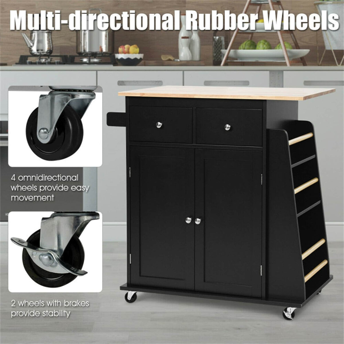 BABOOM Black Mdf Base with Wood Top Rolling Kitchen Island (18-in x 34.5-in x 35.5-in)